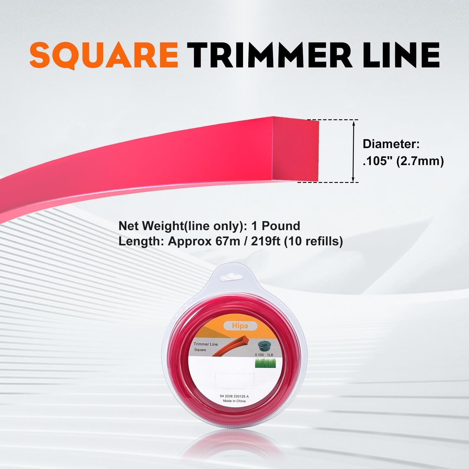 Hipa .105” 1-Pound by 203-foot Trimmer Line Square,Commercial 2.7 mm/105-Inch String Trimmer Line,Weed Eater String 105,Red,SOAK for 24H Before Using - Image 3
